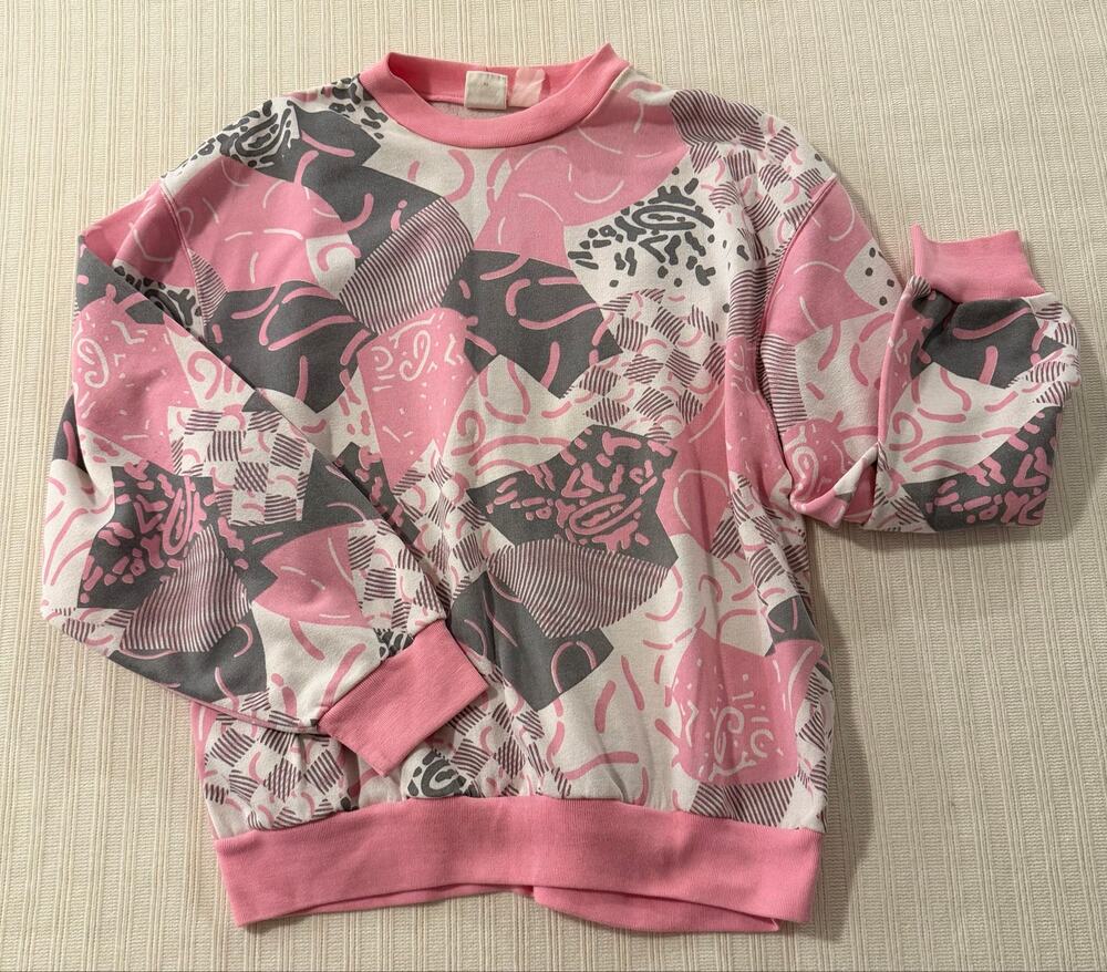 Vintage Nike 80s Abstract Geometric Pink Grey Crewneck Sweatshirt M